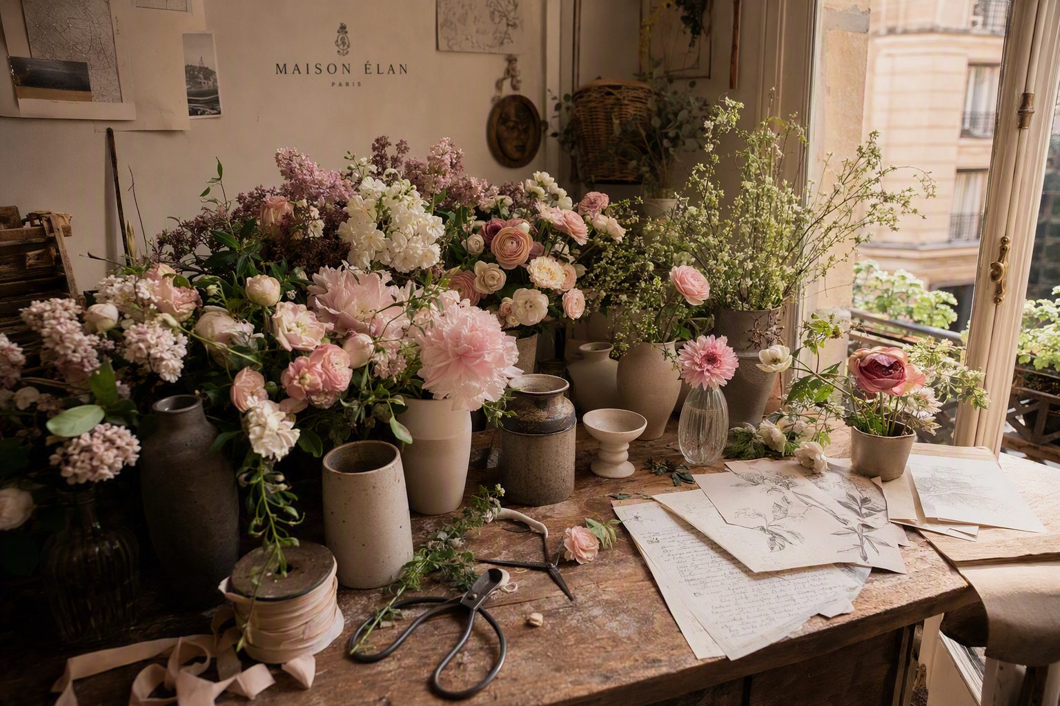 The Maison Élan worktable, scattered with freshly cut flowers, ribbon and handwritten notes