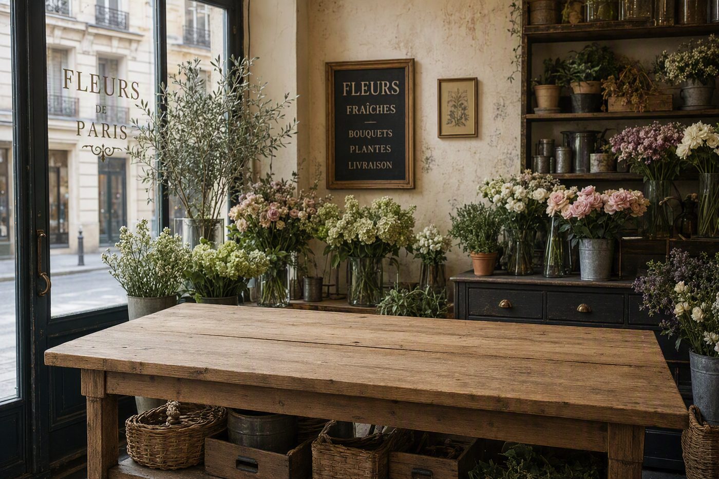 An empty wooden florist's table