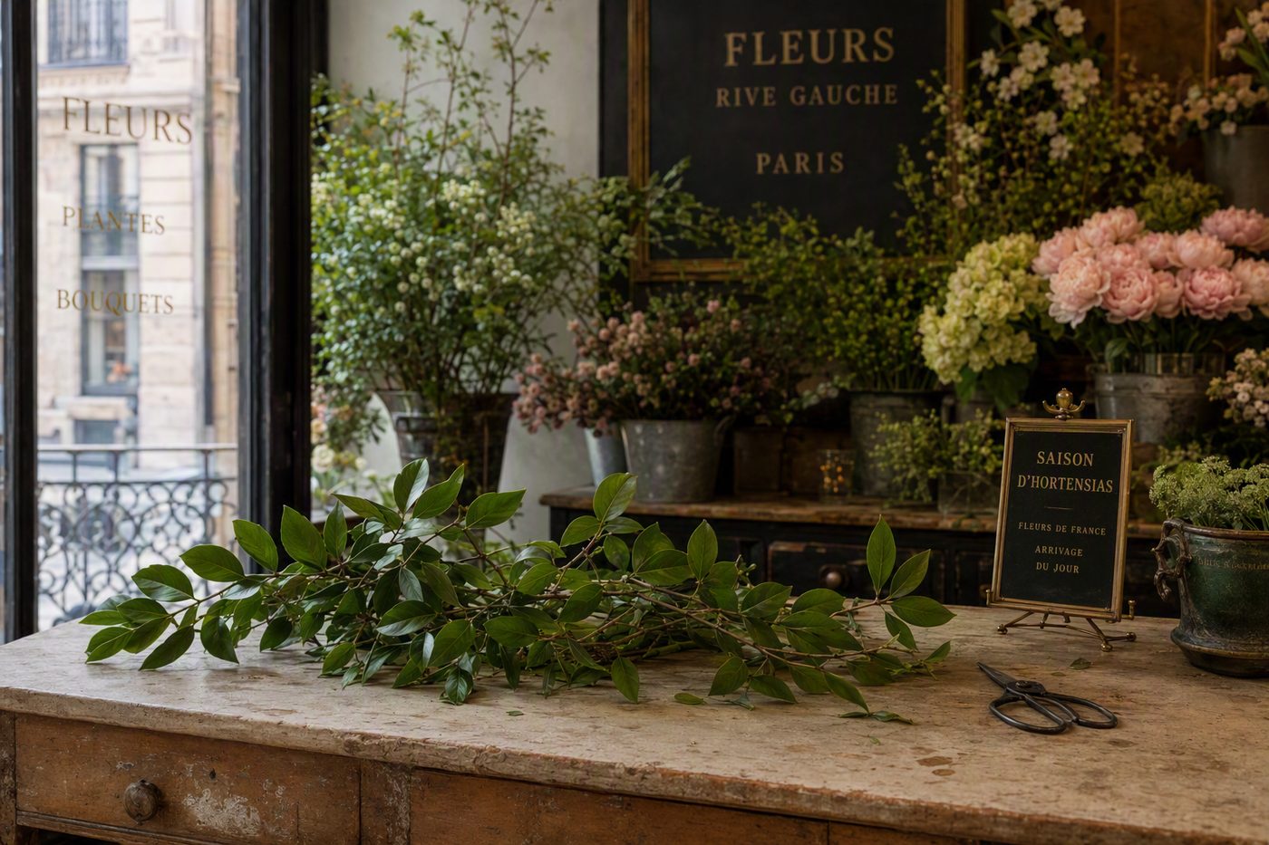 A few green branches laid on the table