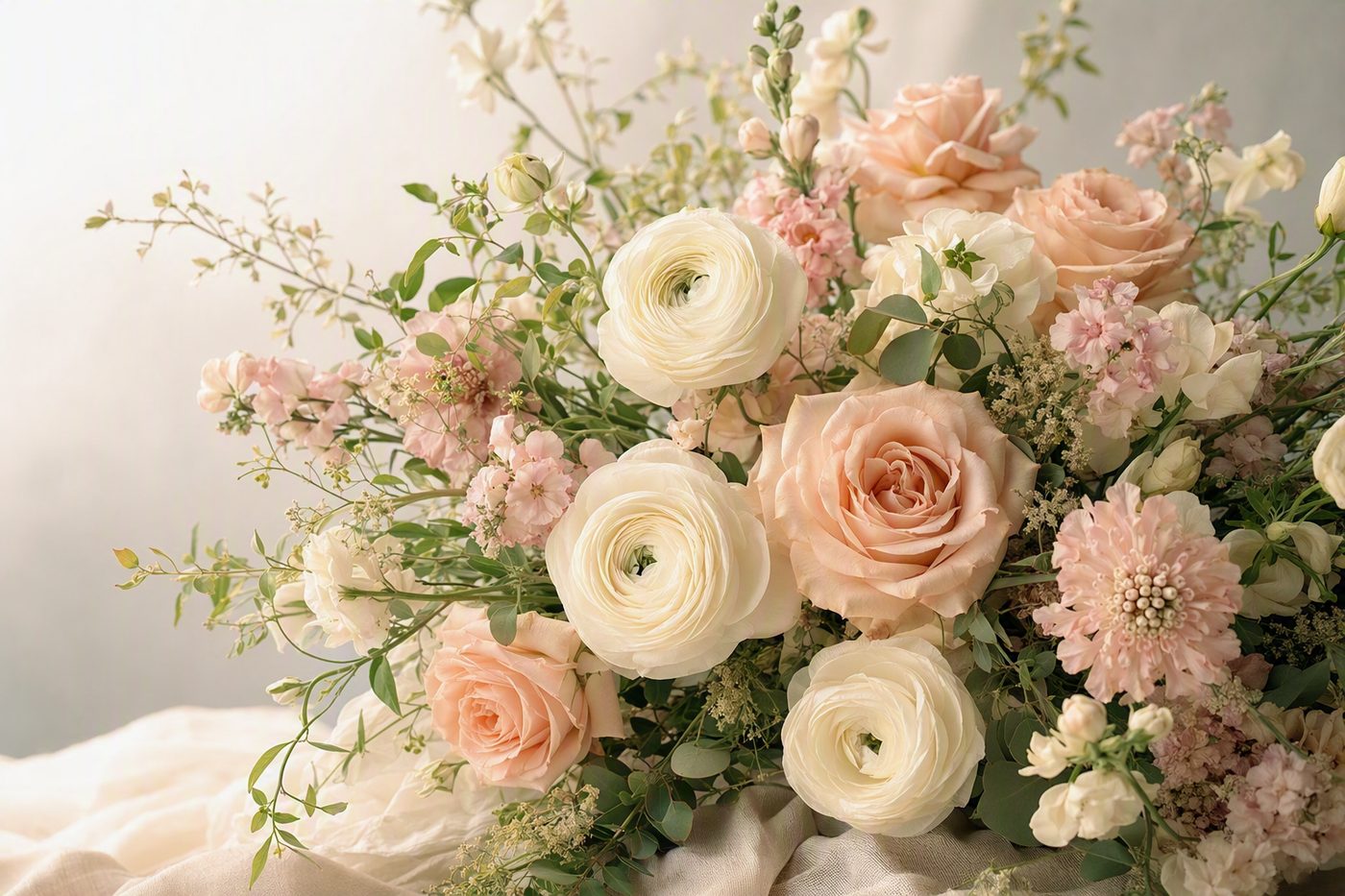 L'Aube: an ivory, blush and pale green seasonal arrangement