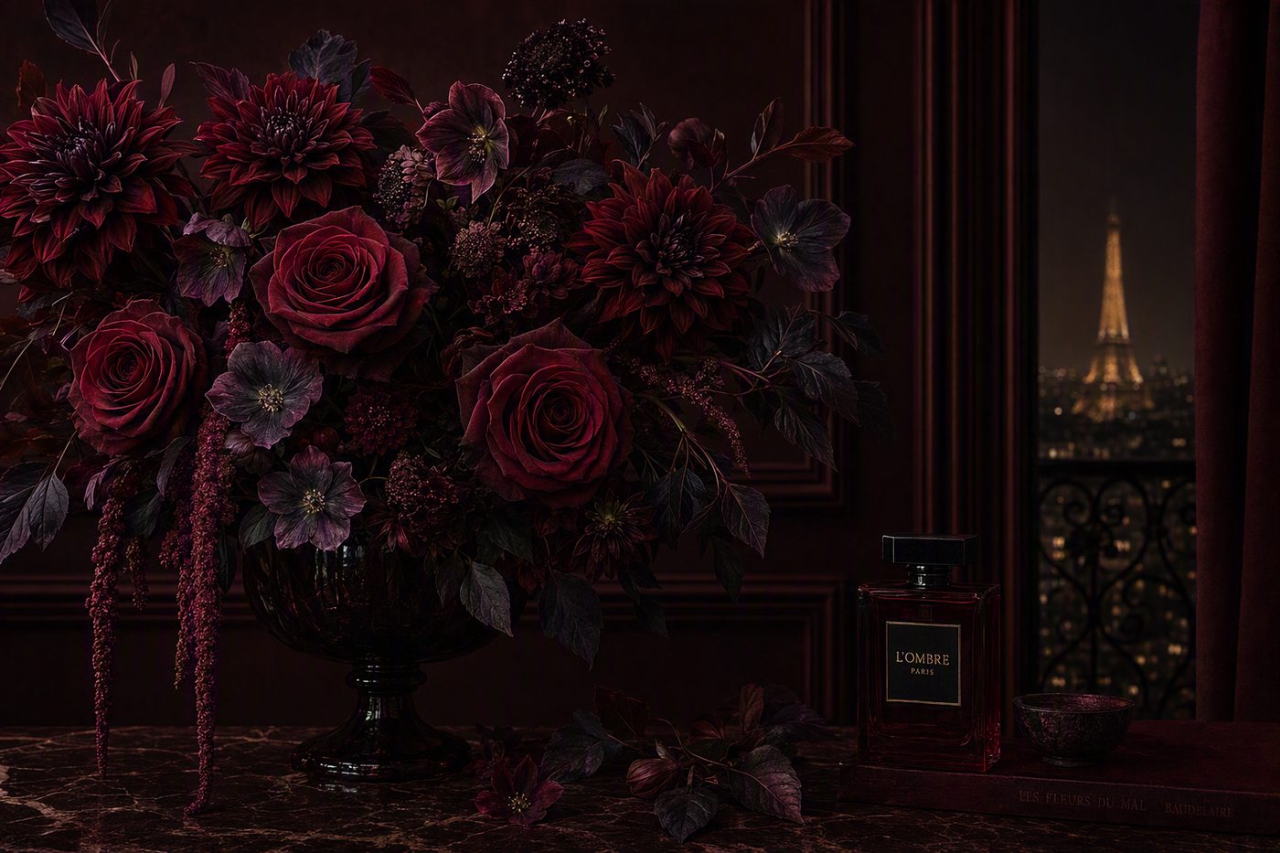 Minuit: a dramatic composition of deep burgundy roses and dark dahlias