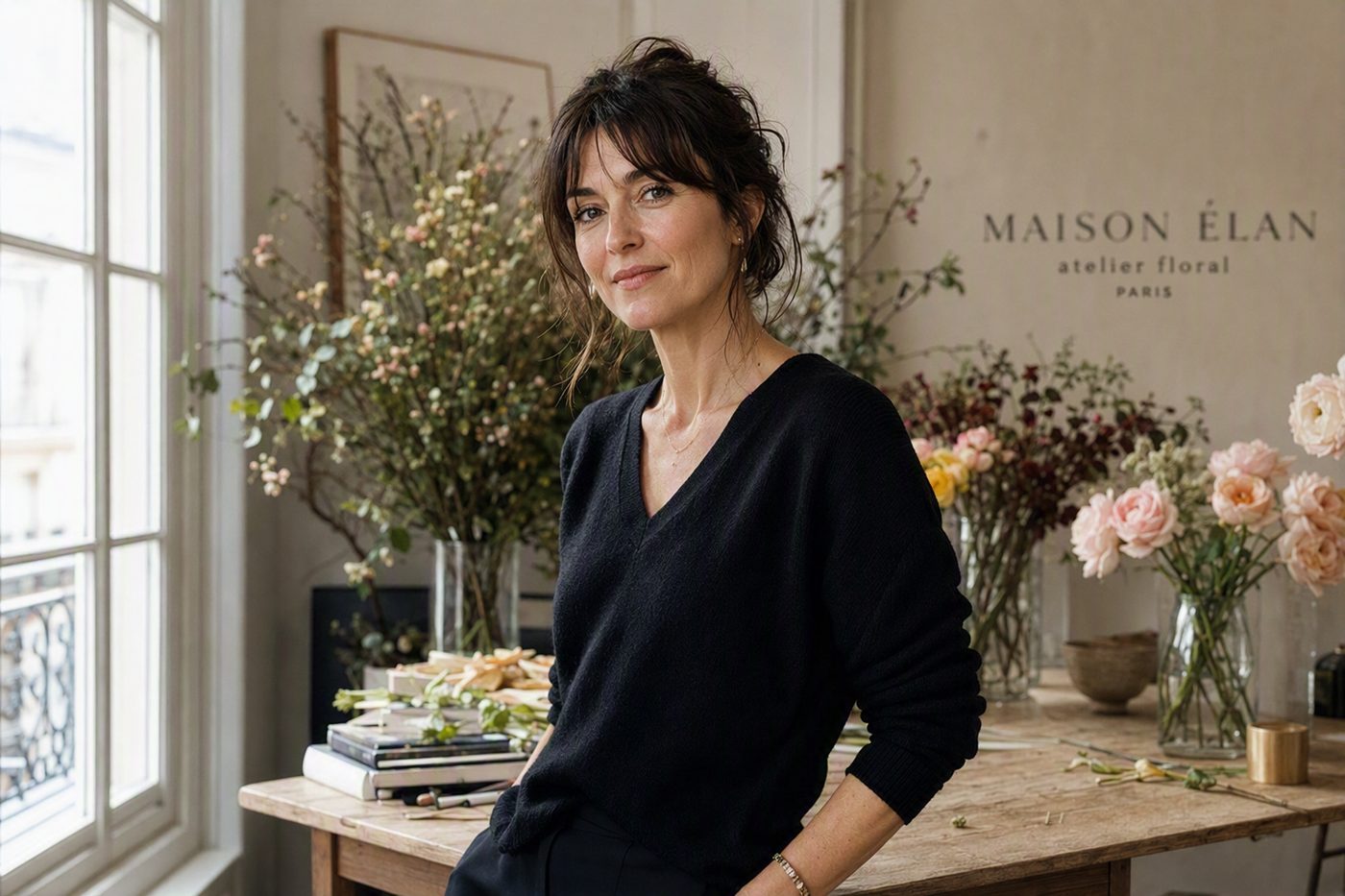 Élise Moreau, founder and floral artist of Maison Élan, in her Paris atelier