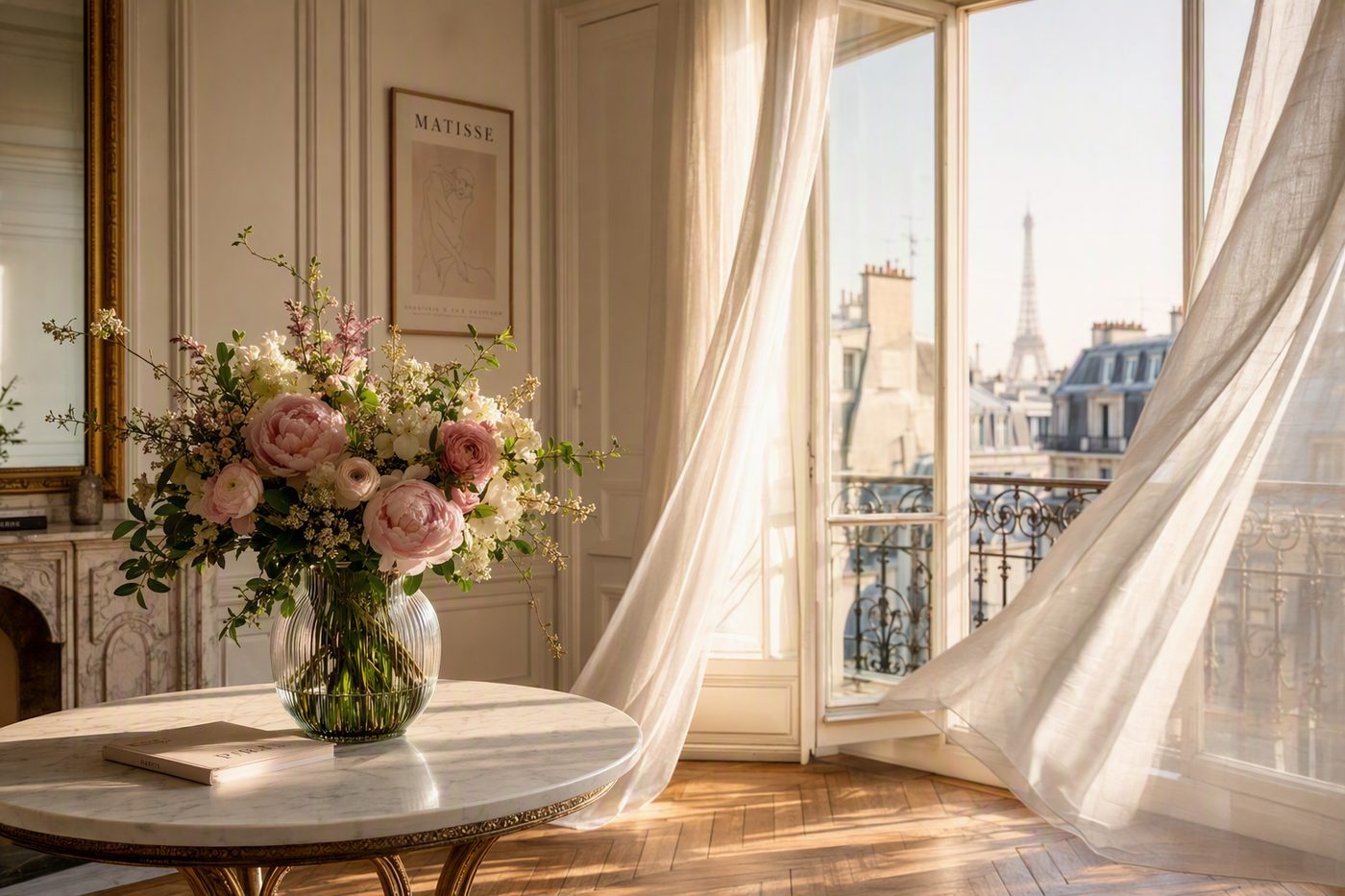 A pink and white bouquet on a marble table by an open window, curtains moving in the morning light