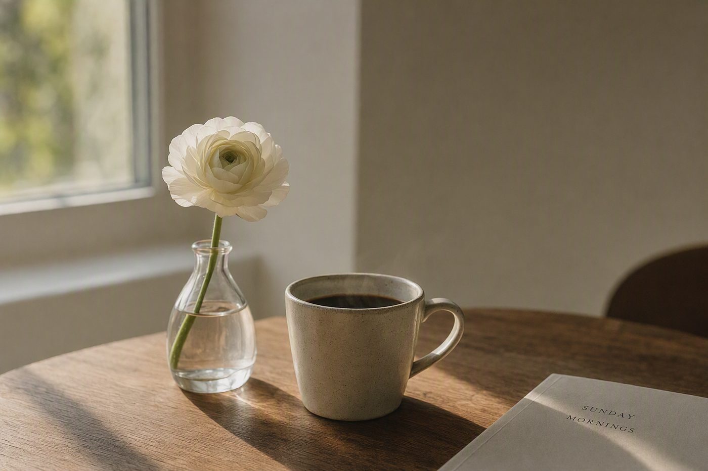 A single white ranunculus in a small glass vase beside a cup of coffee