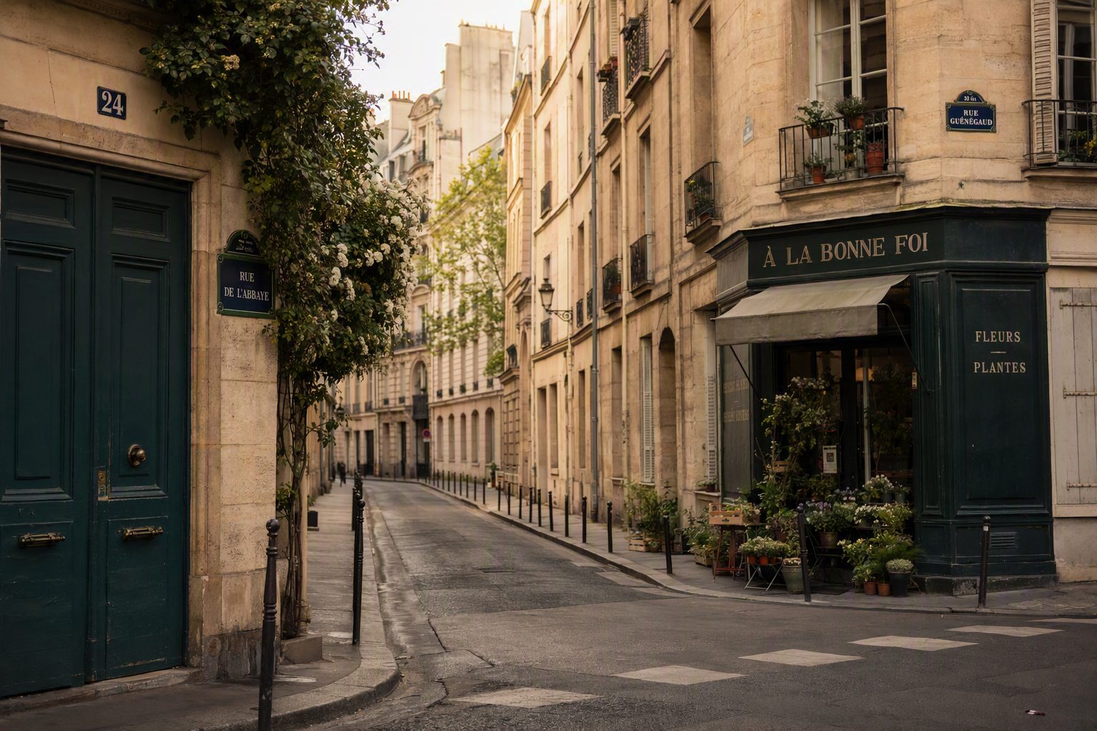 Rue de l'Élan, a quiet Saint-Germain-des-Prés street with a flower shop on the corner